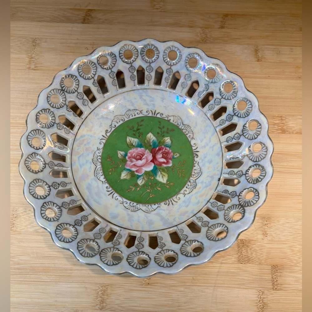Vintage White Cutout Bowl with Green Center and Pink Rose Design Luster Glaze